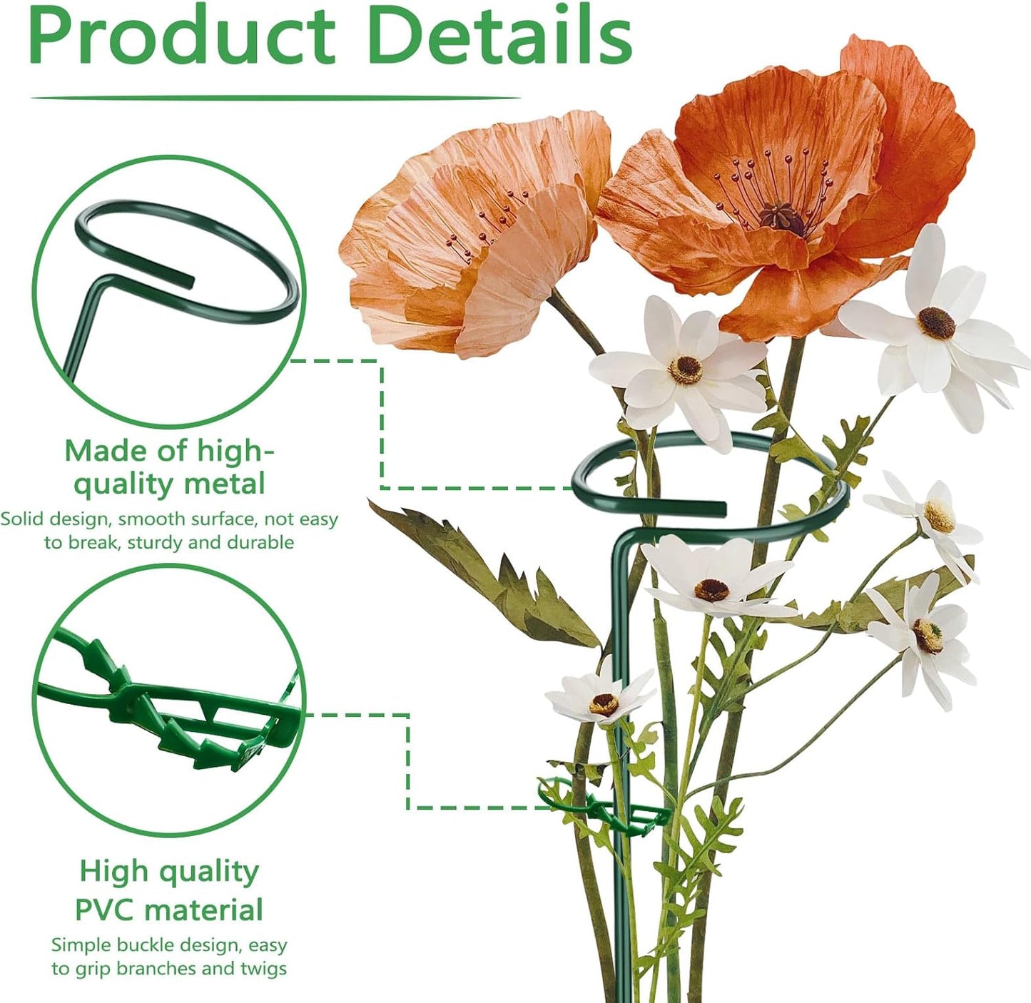 Huakaile 4 Packs Adjustable 23.6" Plant Stakes and Supports with 30 Pieces 9" Twist Ties, Green Plant Holder Stick Outdoor Indoor, Metal Flower Support Stakes Rings for Gardens Vegetables (60 cm)