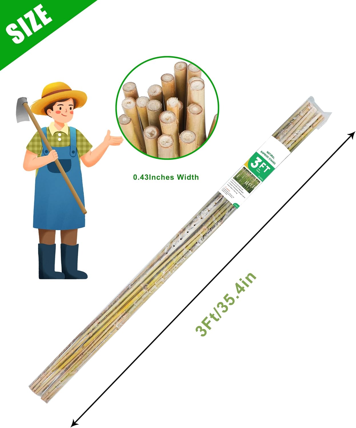 3ft Natural Bamboo Plant Stakes for Tomatoes, Beans, Flowers, Potted, Climbing Plants 25pcs