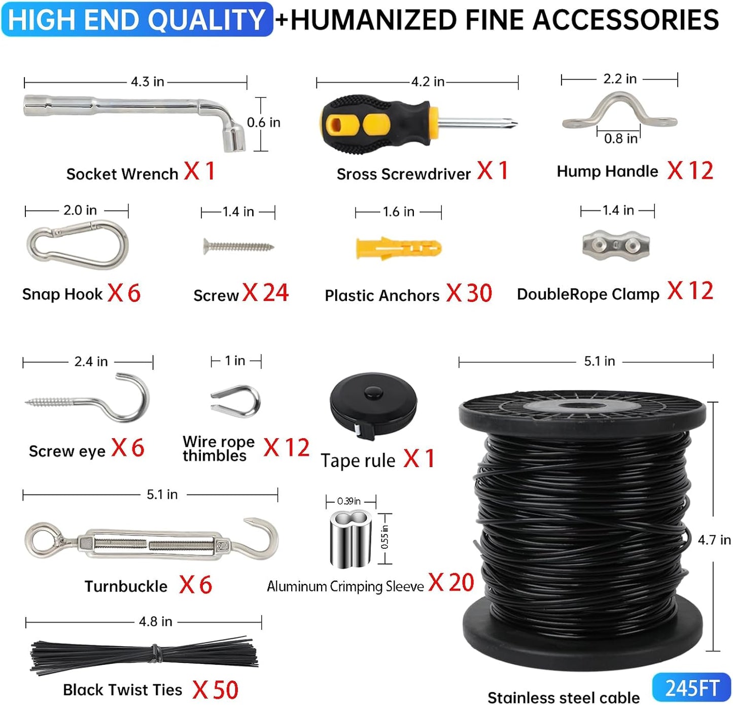 246FT Black Vinyl Coated 304 Stainless Steel Wire Rope Cable Kit – Heavy Duty Outdoor String Light Hanging Guide Wire with M5 Turnbuckle for Patio, Garden, Christmas Lights