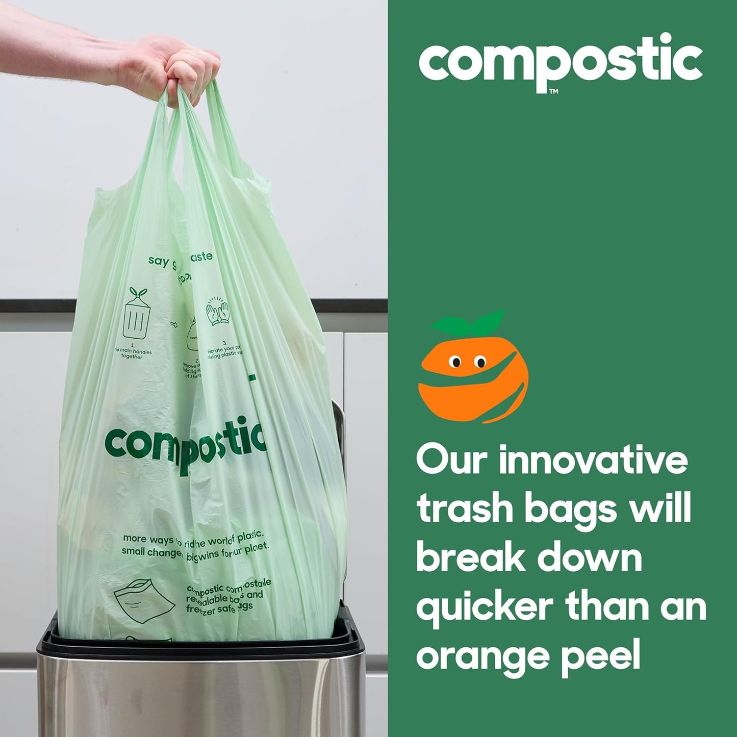 Home Compostable Trash Bags, 3 Gallon Small Kitchen Rubbish Bags (17” x 17.7”), Extra Strong & Quickly Breaks Down, 50 Count
