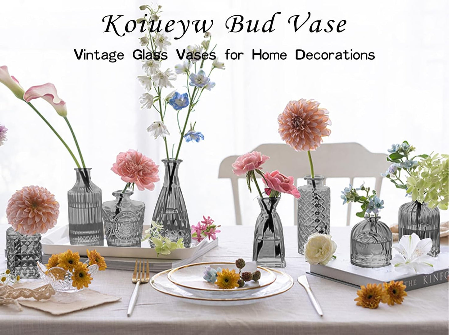 Dark Gray Bud Vases Set, 24 Pcs Vintage Small Vases for Flowers, Clear Crystal Mini Glasses in Bulk, Small Flower Design for Centerpieces Wedding Home Flower Party Decor