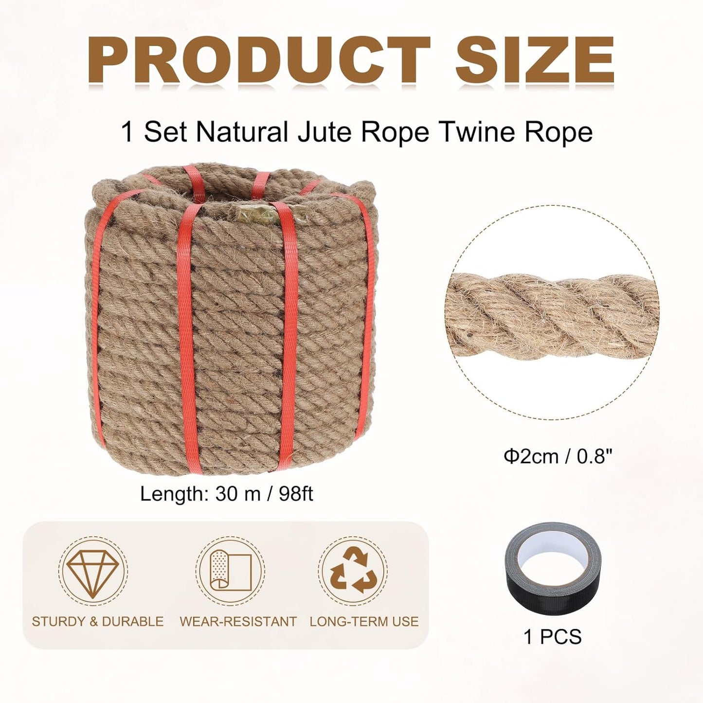 MECCANIXITY Jute Rope 0.8 Inch x 98ft, Thick Twine Rope Ropes Braided Jute Twine Natural Brown Burlap Cord String Heavy Twisted with Tape for Decorative Crafts Railing Swing Tug of War
