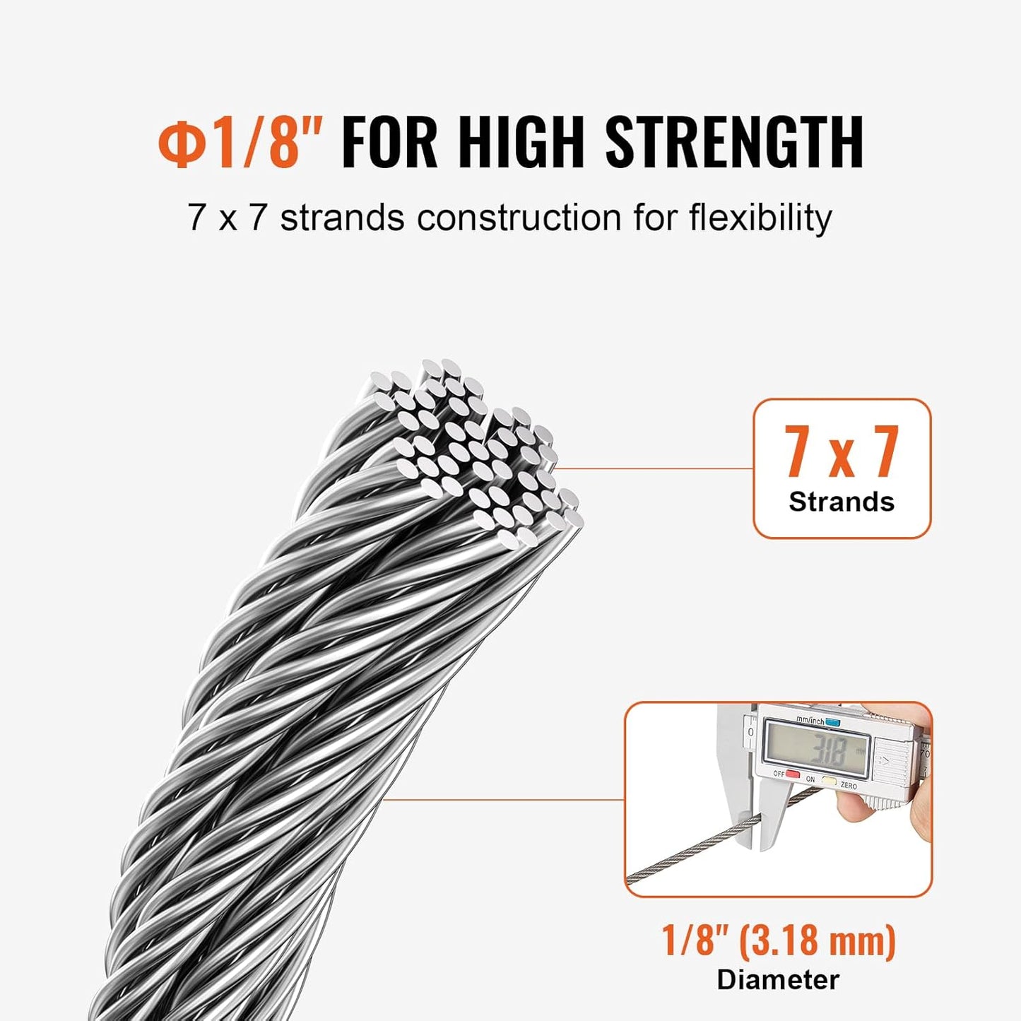 VEVOR 1/8 Stainless Steel Cable, 1/8 Wire Rope, 100 FT 316 Cable Wire 20 Sleeves & 10 Thimbles, 1600 lbs Breaking Strength, 7x7 Strands Marine Aircraft Grade for Handrail Stair Decking Fence Outdoors