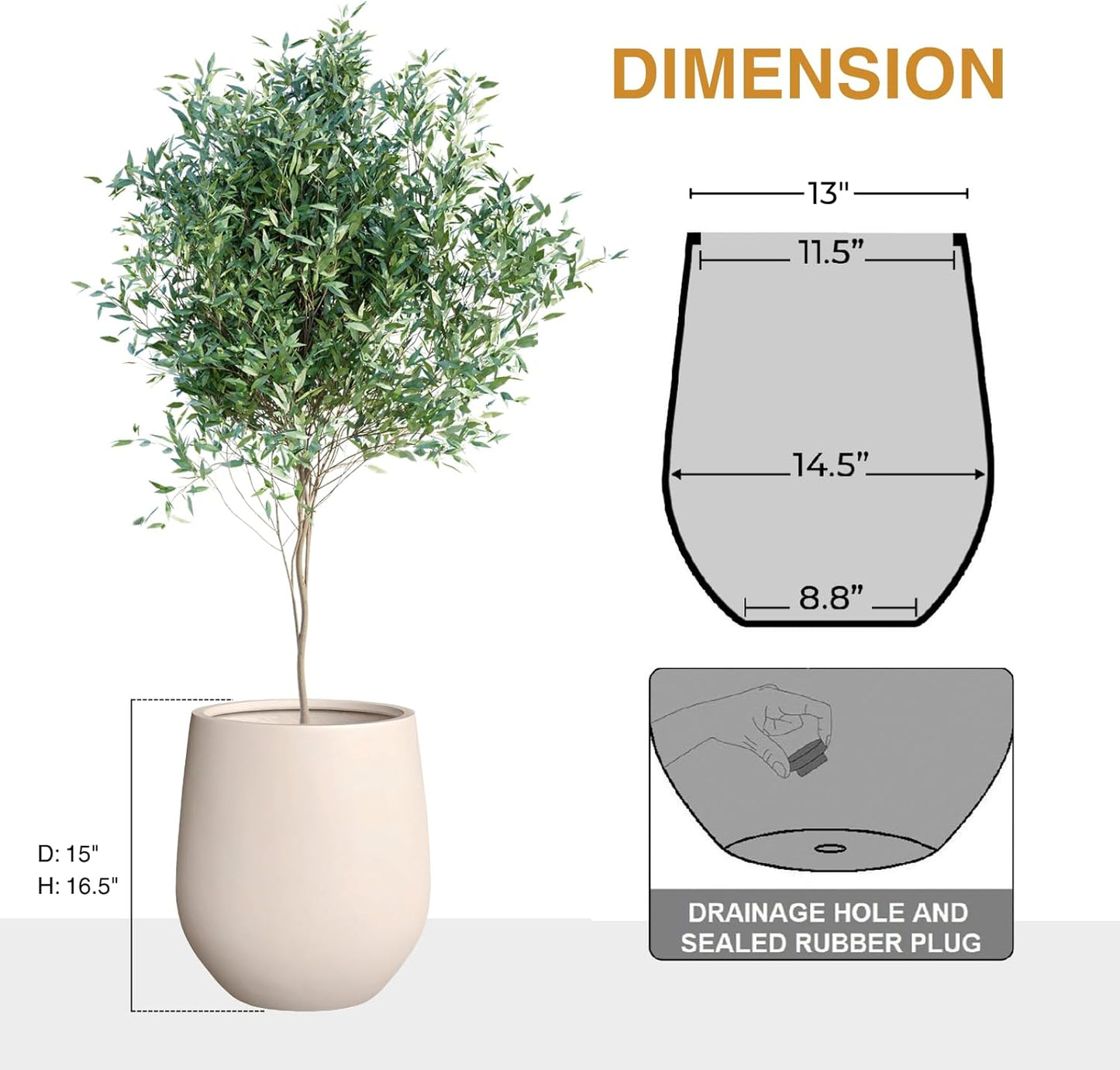 16.5" H x 15" D Corso Fiberstone Round Tapered Planter with Drainage Hole, Smooth Finishes, Weather Resistant for Indoor and Outdoor Use (Kilim Beige, 11.5" Pot Opening)