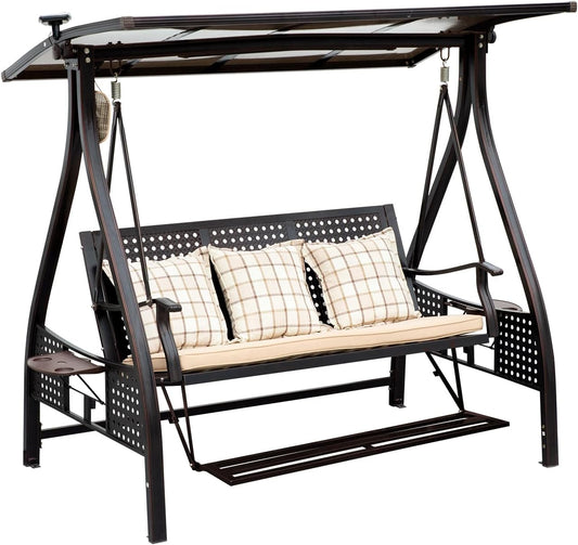 2/3-Seat Outdoor Patio Porch Swing with Adjustable Aluminum Alloy Canopy Solar Patio Swing Chair Bench with Footrest Side Cup Holder for Backyard Lawn (AEBS Red Copper - 3 Seat)