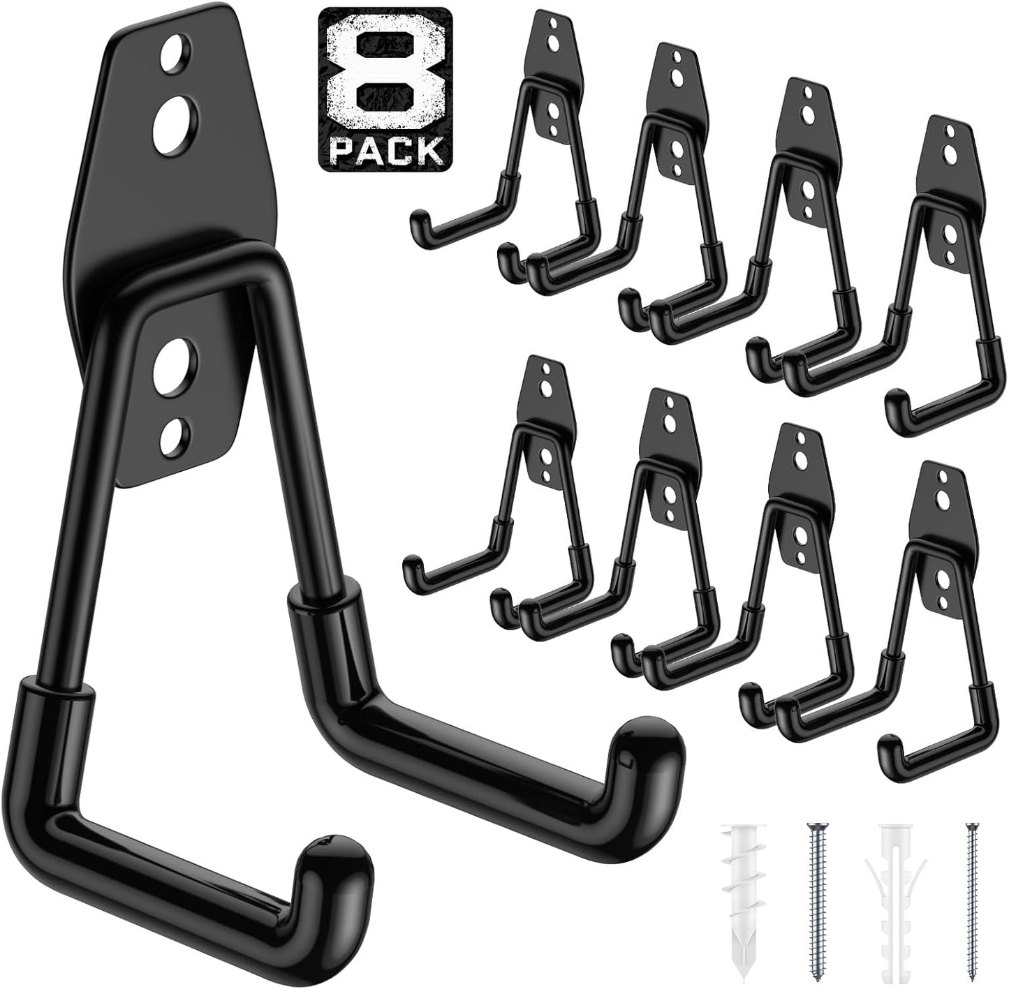Utility Steel Wall Mount Heavy Duty Garage Hooks with Anti-Slip Coating,Storage More Yard,Garden and Power Tools and for Hanging Hose,Ladder and Bike(8 Pack 4.5x2.75 inch)