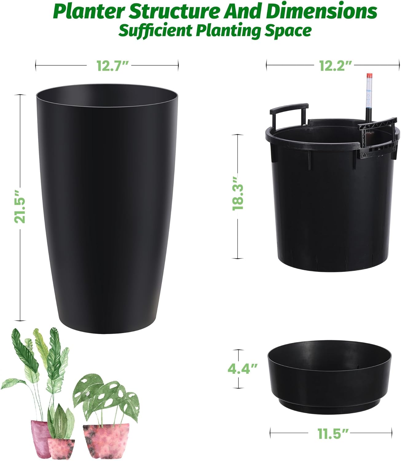 22" Tall Round Planter Set of 2, Self Watering Pots for Indoor Plants, Large Flower Pot Outdoor with Built-in Drainage and a Water Level Monitor, for Patio, Porch, Living Room, or Home Office, Black