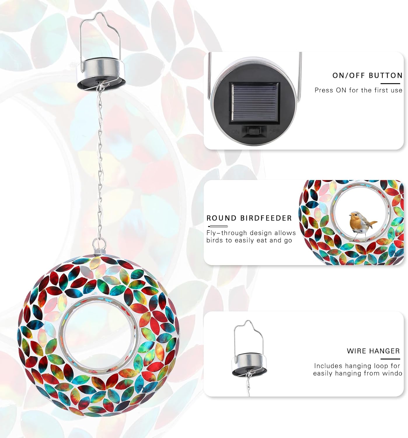 VCUTEKA Mosaic Bird Feeder Solar Fly Through Birdfeeder for Outside Hanging Round Shape Glass Container to Attract More Wild Bird Feeders for Garden Decor as Gift for Bird Lovers, Red 10-Inch