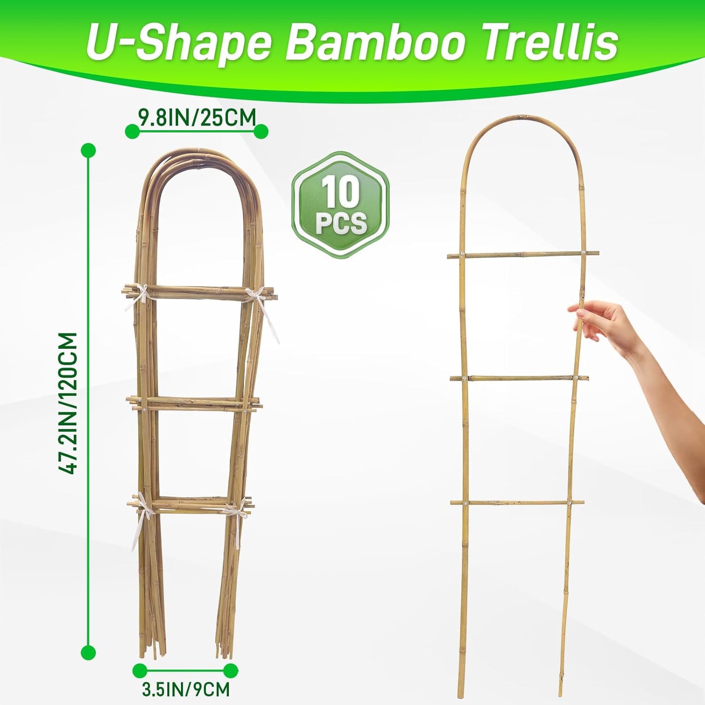 10 Pack 4ft U-Shape Bamboo Trellis for Climbing Plants, Natural Garden Trellis for Tomatoes, Cucumbers, Potted Plants, Vegetables Indoor Outdoor