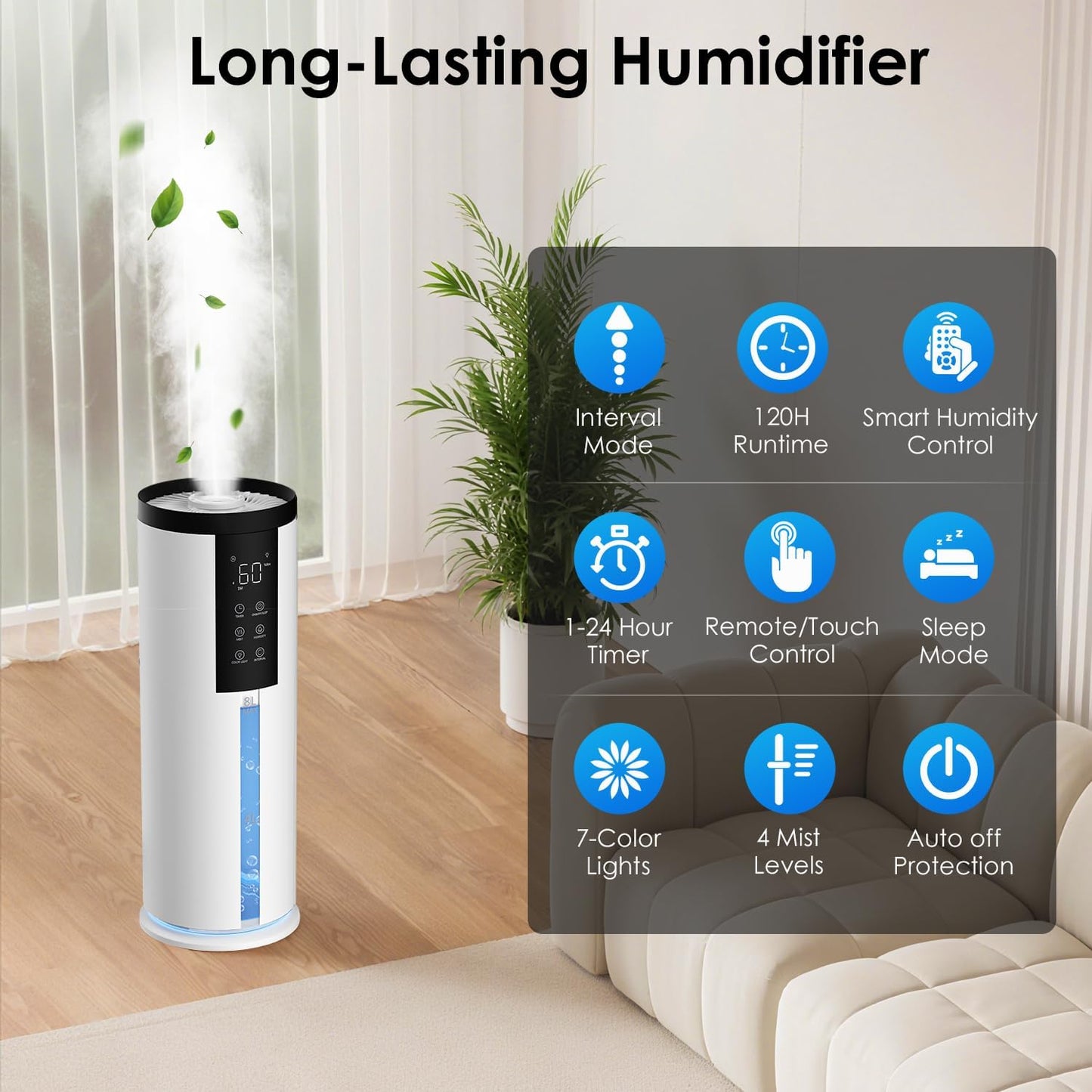 Humidifiers for Bedroom - GloryAir 2.11Gal (8L) Quiet Top Fill Cool Mist Humidifier Large Room 550 ft² 120H Runtime with Humidistat, Auto Mode Diffuser 7-Color Light for Plants Baby Adults Office Home