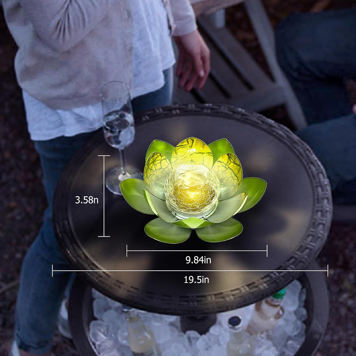 Huaxu Solar Lights Outdoor Garden Decoration Crackle Globe Glass Waterproof LED Metal Green Lotus Flowers Gift for Mom,Women,Patio,Lawn,Walkway,Tabletop,Ground