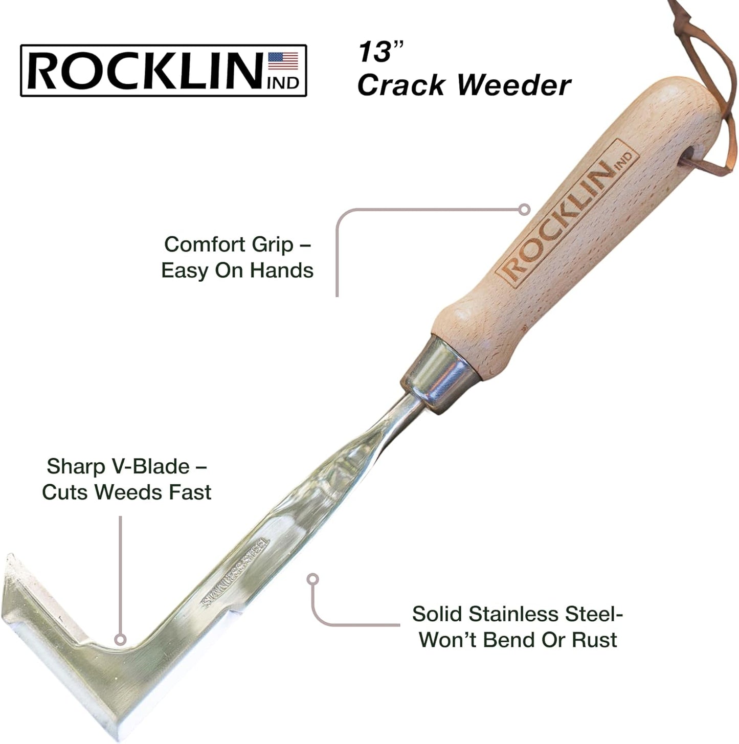 Rocklin™ Crack Weeder – 13" Stainless Steel Manual Crevice Weeding Tool with Beech Wood Handle – L-Shaped Blade for Sidewalk, Patio, and Garden Weed Removal