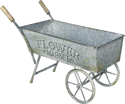 15 Inch Farmhouse Small Flower Cart with Wooden Handles Metal Wagon Planters for Outdoor Plants Decorative Wheelbarrow Plant Cart for Patio Garden Balcony Gray