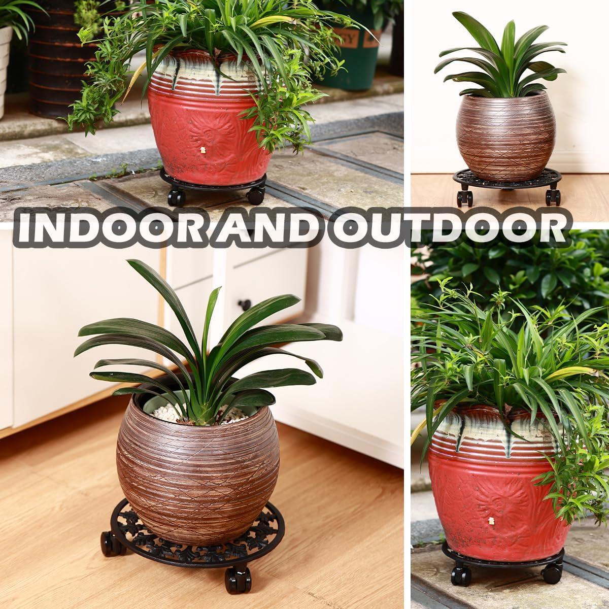 2 Pack Heavy Duty 14 Inch Metal Plant Stand with wheels - Wrought Iron Dolly with Casters for Indoor and Outdoor - Includes 2 Pack Plant Saucers