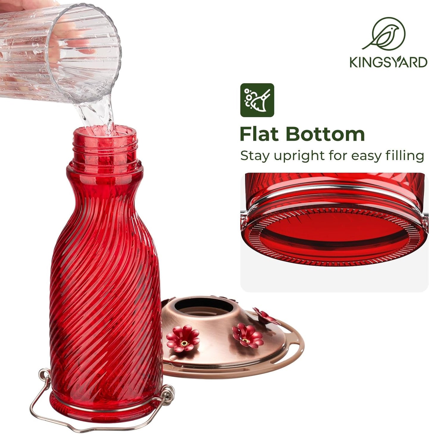 Kingsyard Glass Hummingbird Feeders for Outdoors, 24 oz Hummingbird Nectar Feeder for Outdoors Garden Porch Fall Decorations, 6 Feeding Ports, Ant Moat Included, Easy to Clean & Refill, Red