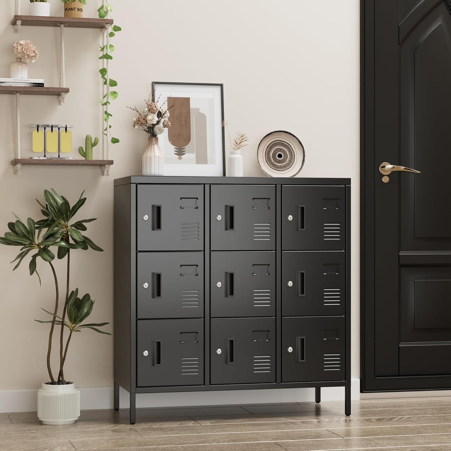 METAN Metal Locker with Padlock and Keys for School Office Gym Bedroom, 9 Doors Black Steel Storage Locker Cabinet for Employees Industrial Storage,Assembly Required