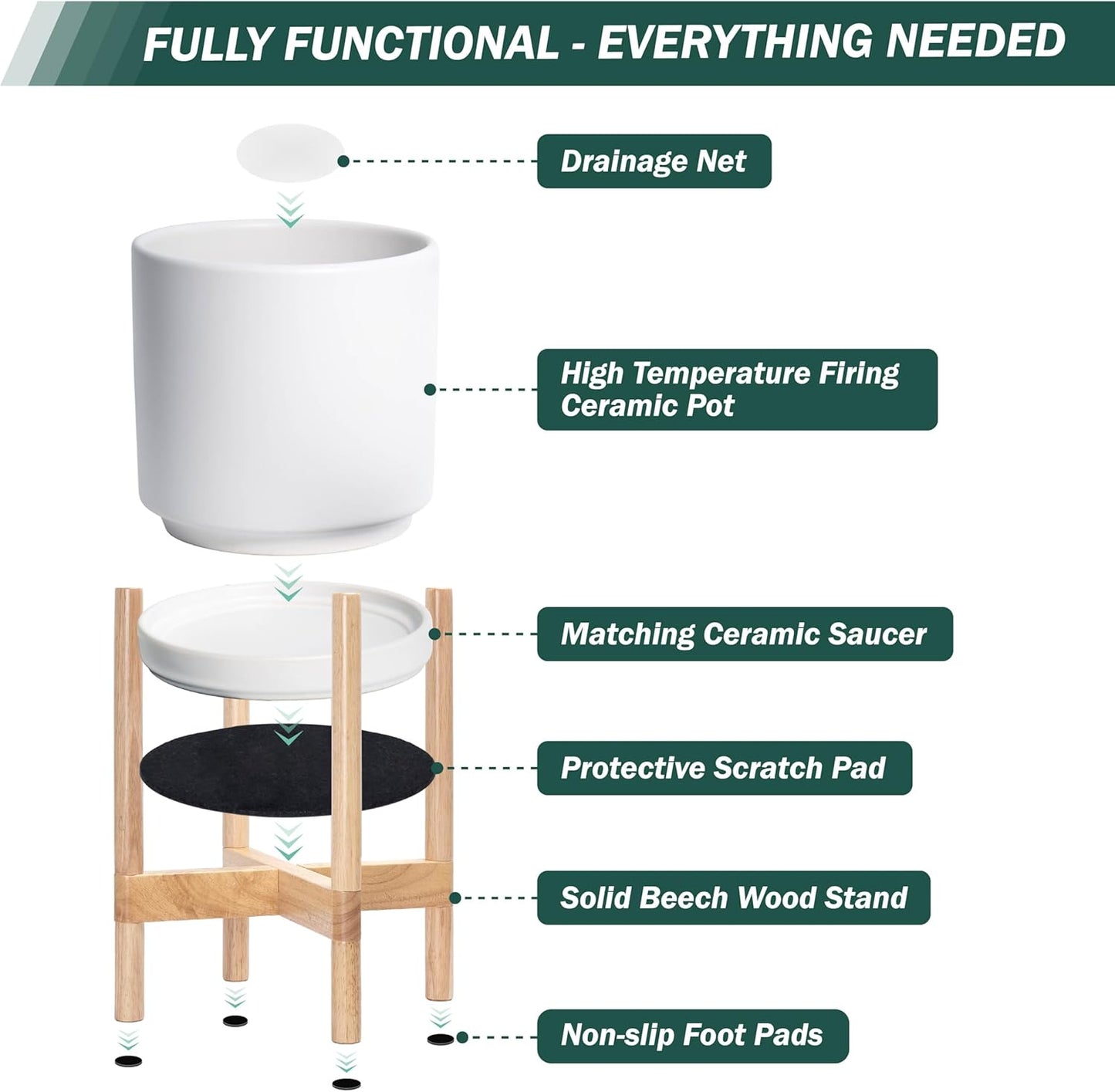 D'vine Dev Ceramic Planter with Natural Stand - 10 Inch Modern Round Flower Pot with Wood Planter Holder, White, 55-B-K-1