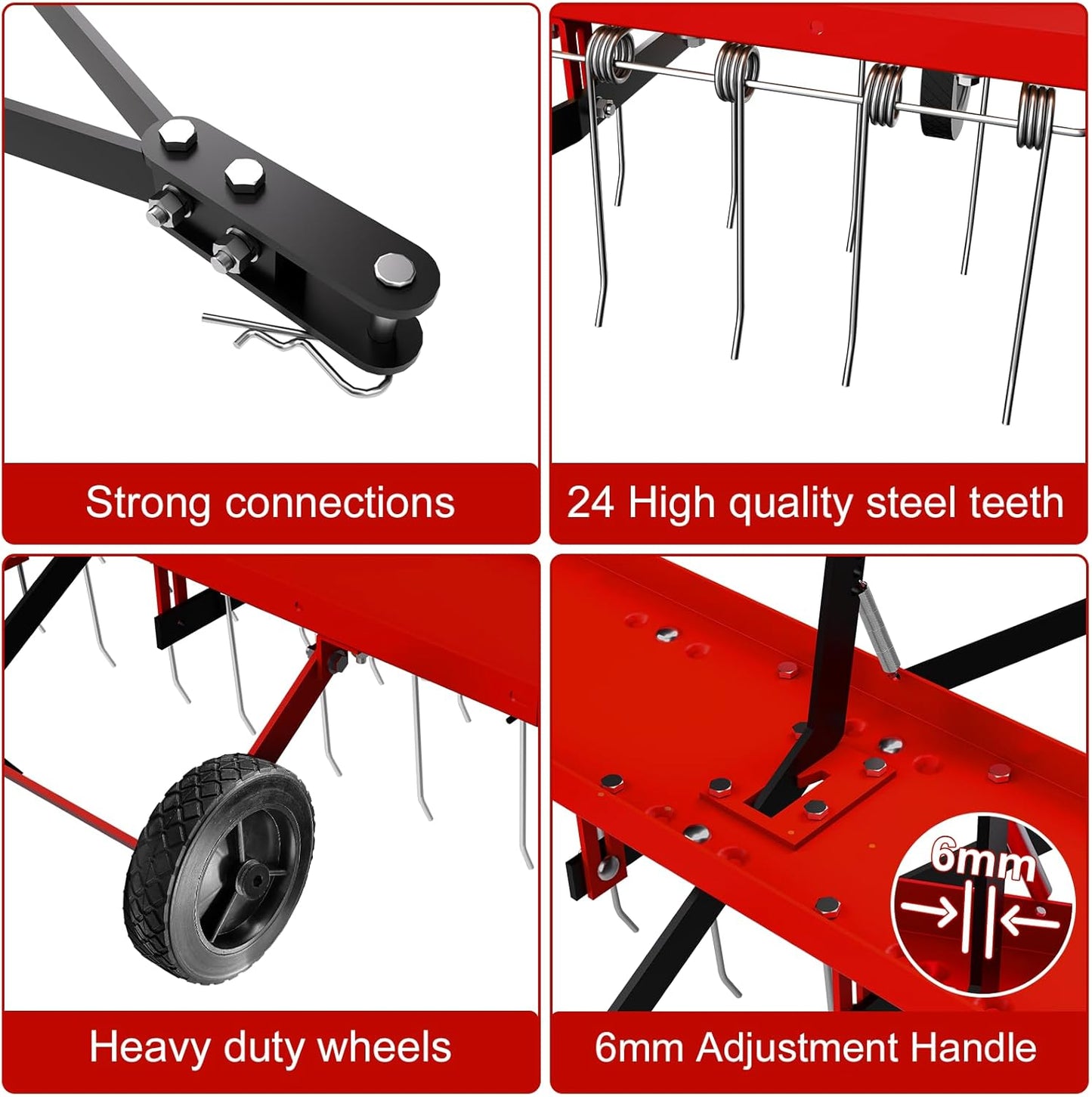 48inch Tow Behind Dethatcher with 24 Spring Steel Tines, Lawn Tractor Rakes with Lift Handle, Tow Behind Rake to Remove Thatch, Riding Lawn Mower Attachments for Outdoor Yard Tools Lawn Care