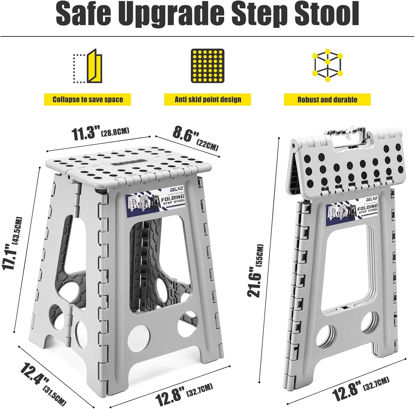Delxo Folding Step Stool 17.5 Inch,Heavy Duty Step Stools for Adults,Non Slip Folding Stool with Handle,Premium Portable Foldable Step Stool for Kitchen Bathroom Bedroom Up to 400LBS,(Grey,1PC)