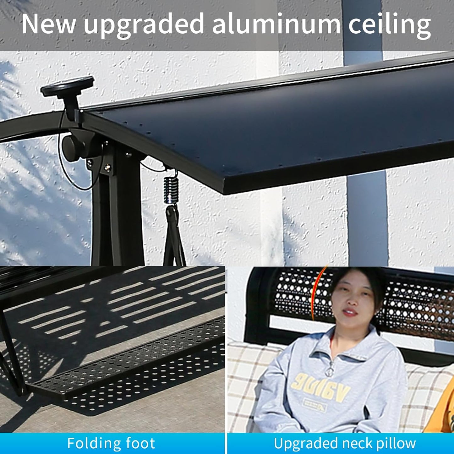 2/3-Seat Outdoor Patio Porch Swing with Adjustable Aluminum Alloy Canopy Solar Patio Swing Chair Bench with Footrest Side Cup Holder for Backyard Lawn (Panama-2 Seat)