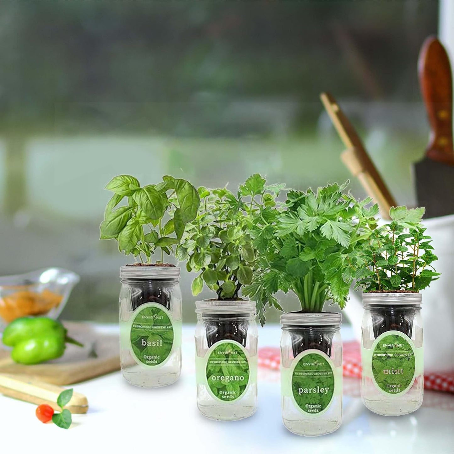 Hydroponic Herb Growing Kit Set, Self-Watering Mason Jar Herb Garden Starter Kit Indoor, Grow 4 Kinds of Herbs from Seeds (Basil, Mint, Parsley & Oregano)
