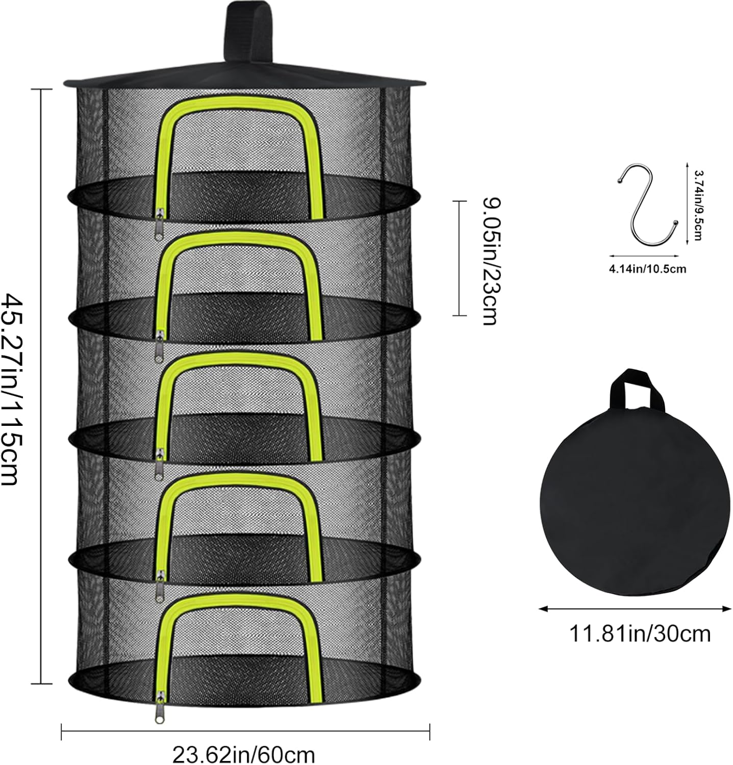 5 Layer Herb Drying Rack, Herb Drying Rack Hanging Mesh, Foldable Bud Drying Net with U-Shaped Zipper, Hooks, for Drying Herbs Plants, Flowers, Fruits, Food, Camping (5 Layers-23.62'')