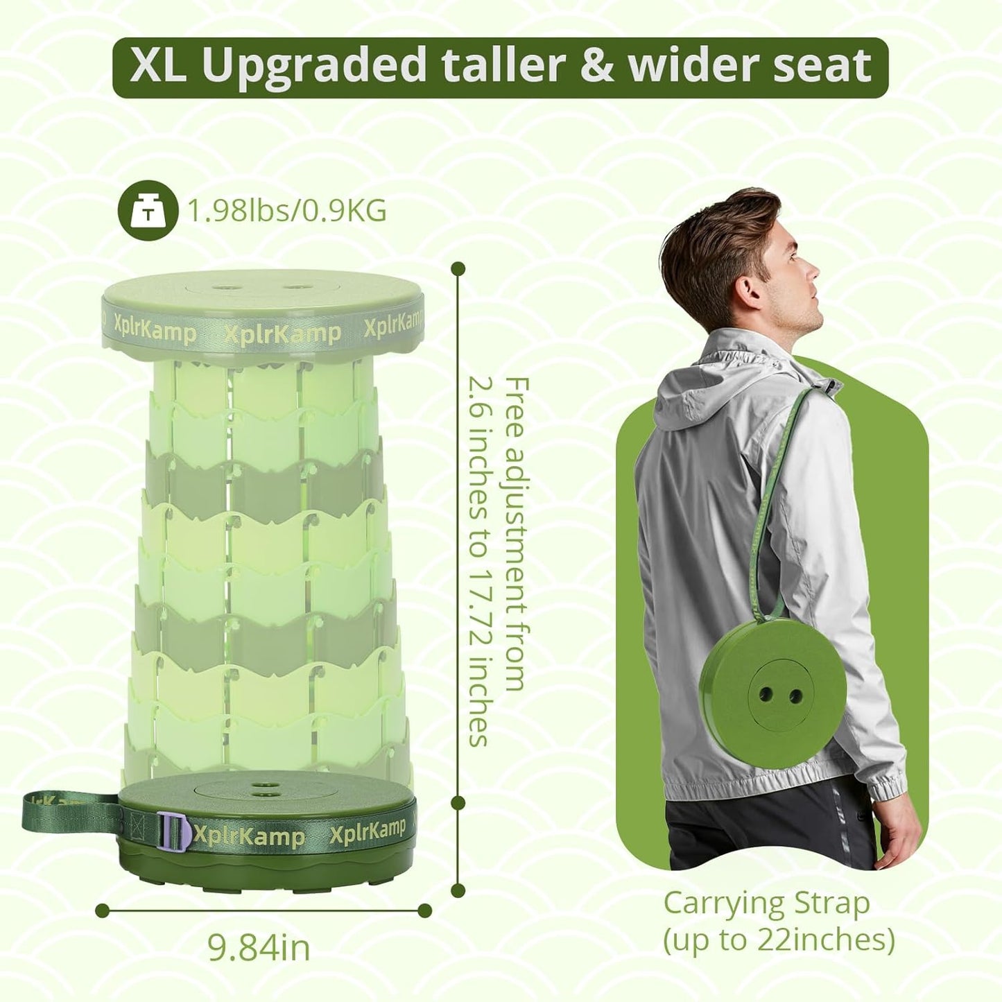 Retractable Folding Stool - Heavy Duty 400 lb Collapsible Portable Stool for Camping, Hiking, Fishing, Indoor/Outdoor with Non-Slip Base and Lightweight Design (Light Green, 1-Pack)