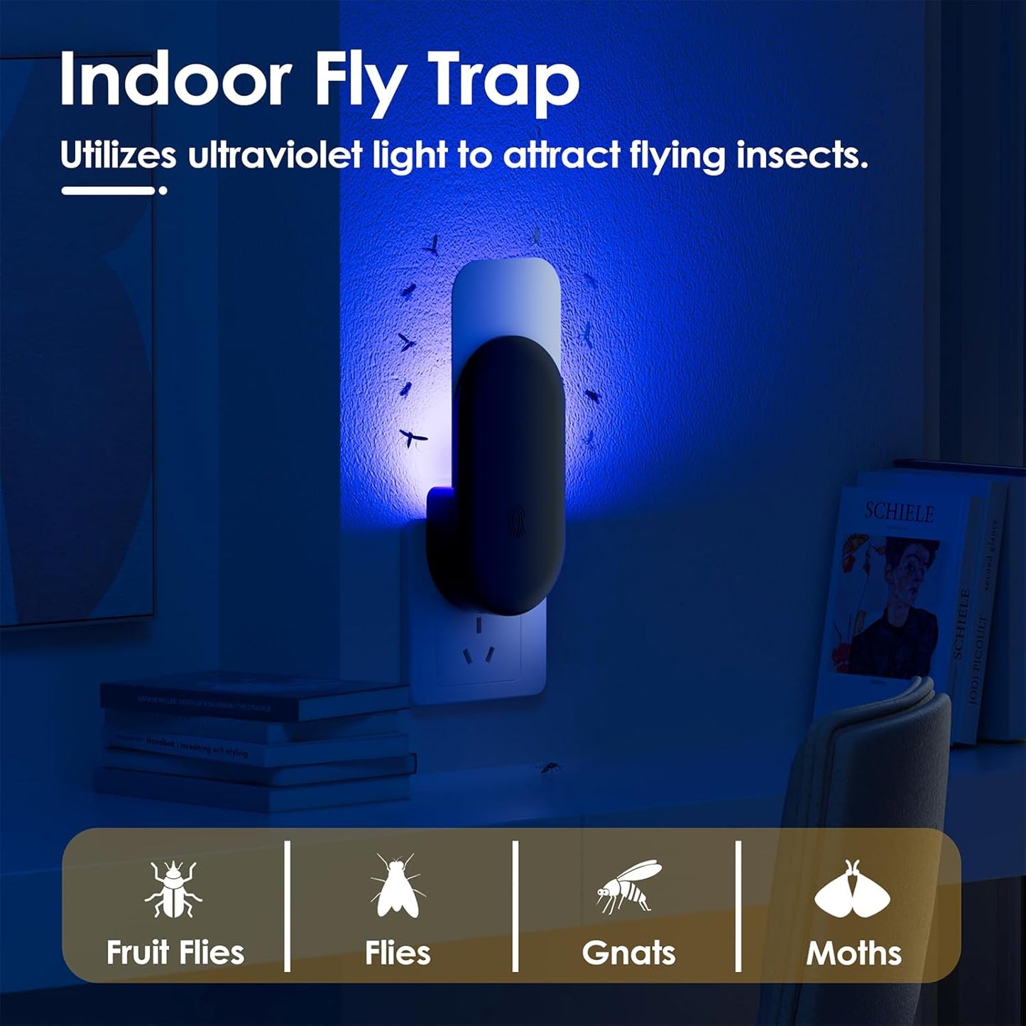Flying Insect Trap, 2 in 1 Indoor Plug-in Fruit Fly Trap, 2 Trap Black and 12 Glue Cards, Fruit Fly Traps for Gnat, Moth, Mosquito, Suitable for Every Part of The Home
