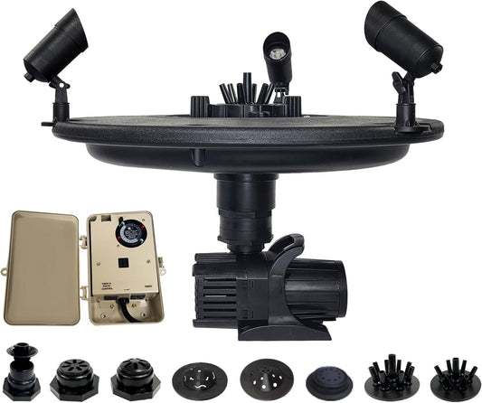 HALF OFF PONDS Floating Fountain – 3/4 HP Pond Aerator, 100' Cord – 8,000 GPH Water Pump – 11 Spray Patterns - Color-Changing LED Lights & Control Box – for Ponds, Lakes & Water Gardens