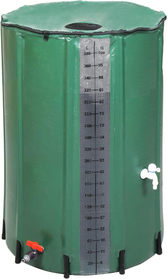 100 Gallon Collapsible Rain Barrel, Portable Rainwater Collection System, Rain Catcher Barrel with Volume Scale Mark, Two Spigots and Overflow Kit, Rain Water Barrel Collector for Garden, Green