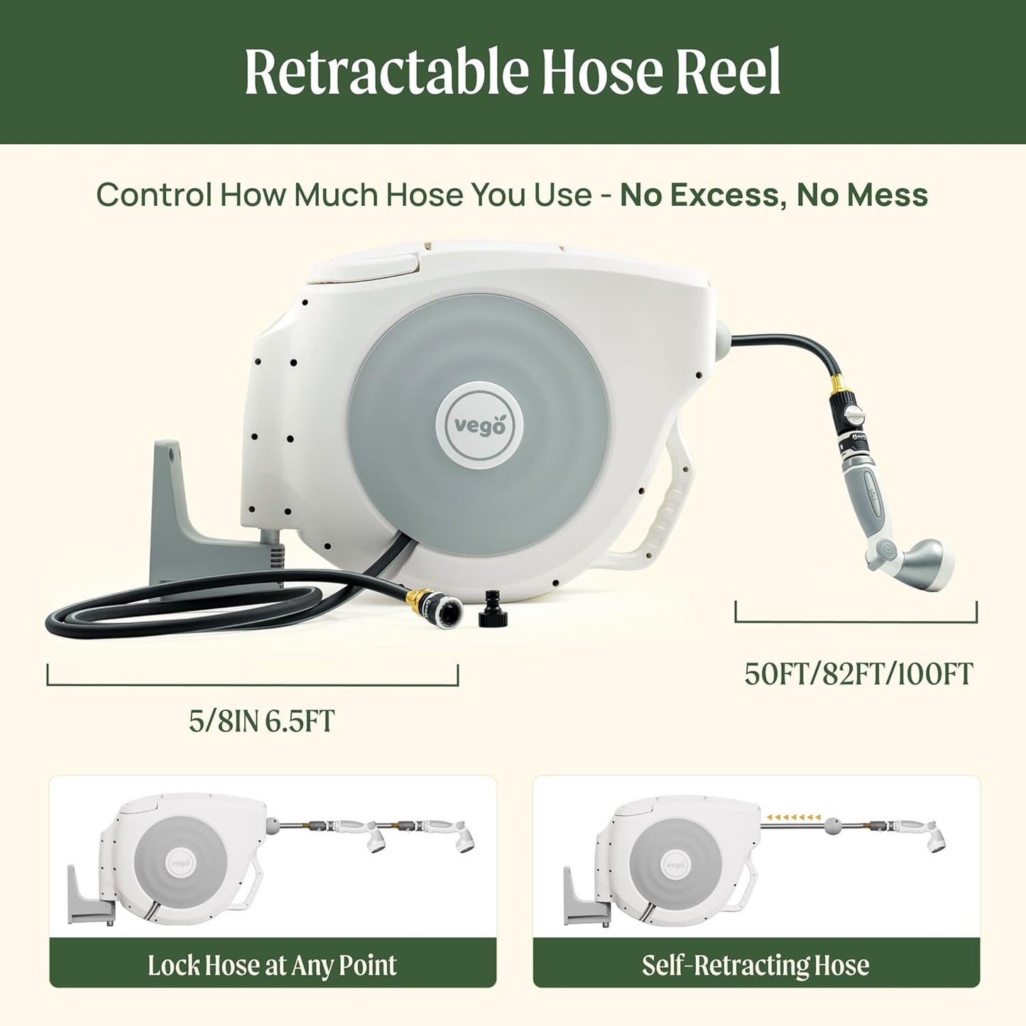 Vego Garden Hose Reel Retractable Hi-Flow x 100ft Wall Mounted Hose Reel Automatic Rewind, Any Length Lock with 9 Patterns Sprayer Nozzle, Quick Connector and Adjustable shot Nozzle-Cloud White