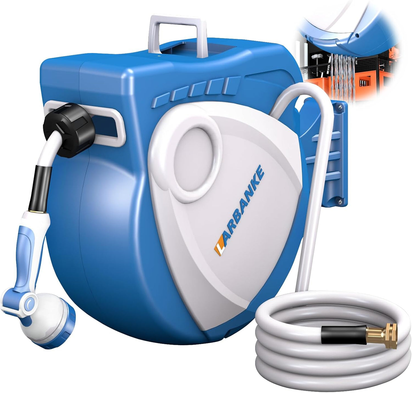 1/2 in × 100 ft Garden Hose Reel,Wall-Mounted Hose Reel with Bottom Drain,180° Rotating Bracket,with 10-Function Sprayer Nozzle,Lockable at Any Length,Equipped with Waterproof Bag(Blue)