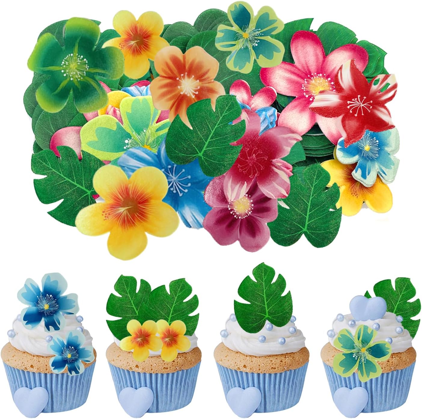 88 pieces of edible green leaf cake decorations, mixed leaf and flower cupcake decorations for Hawaiian themed festive wedding birthday party supplies.