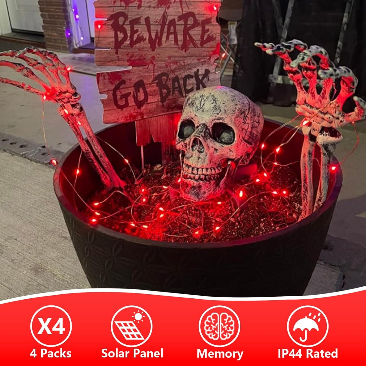 QITONG 4 Pack Red Solar Fairy Lights, Each 33ft 100 LED Christmas String Light Outdoor Waterproof, 8 Modes Silver Wire Mini Twinkle Lights