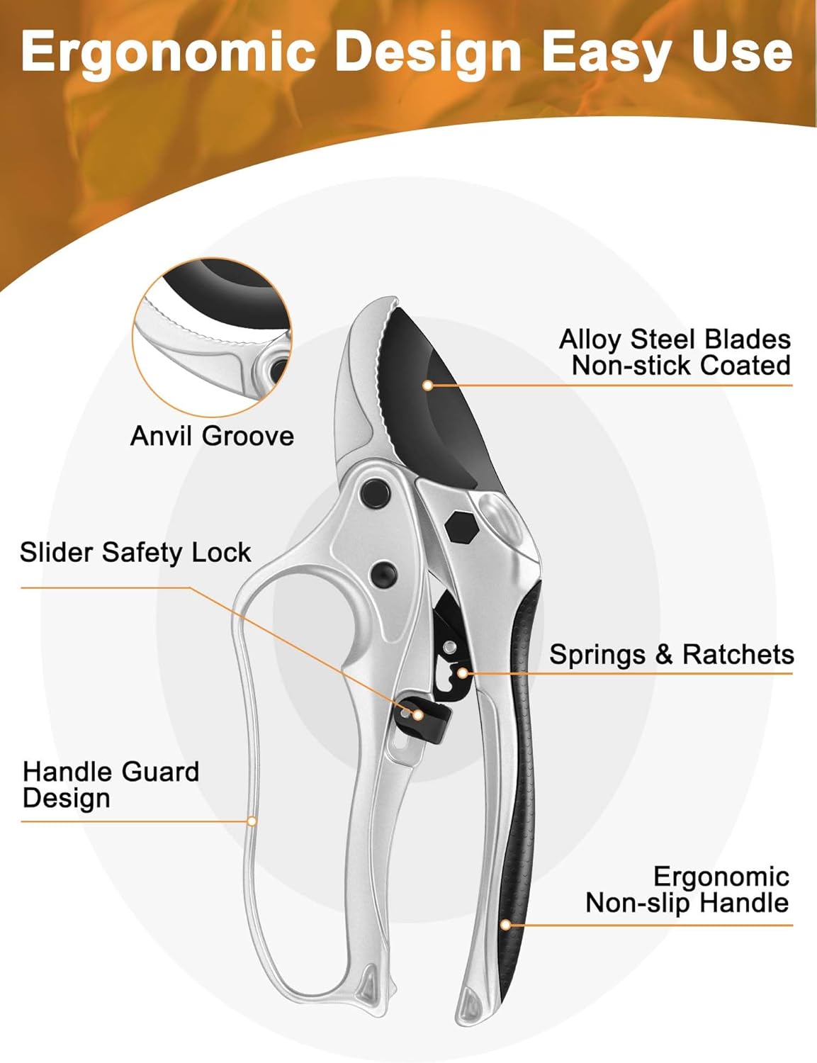 Ratchet Anvil Pruning Shears for Gardening Heavy Duty, Labor-Saving Design Garden Clippers for Arthritis Weak Hands, 3/4" Cut Capacity Branch Cutter for Tree Trimming, Flower, Rose, Plant