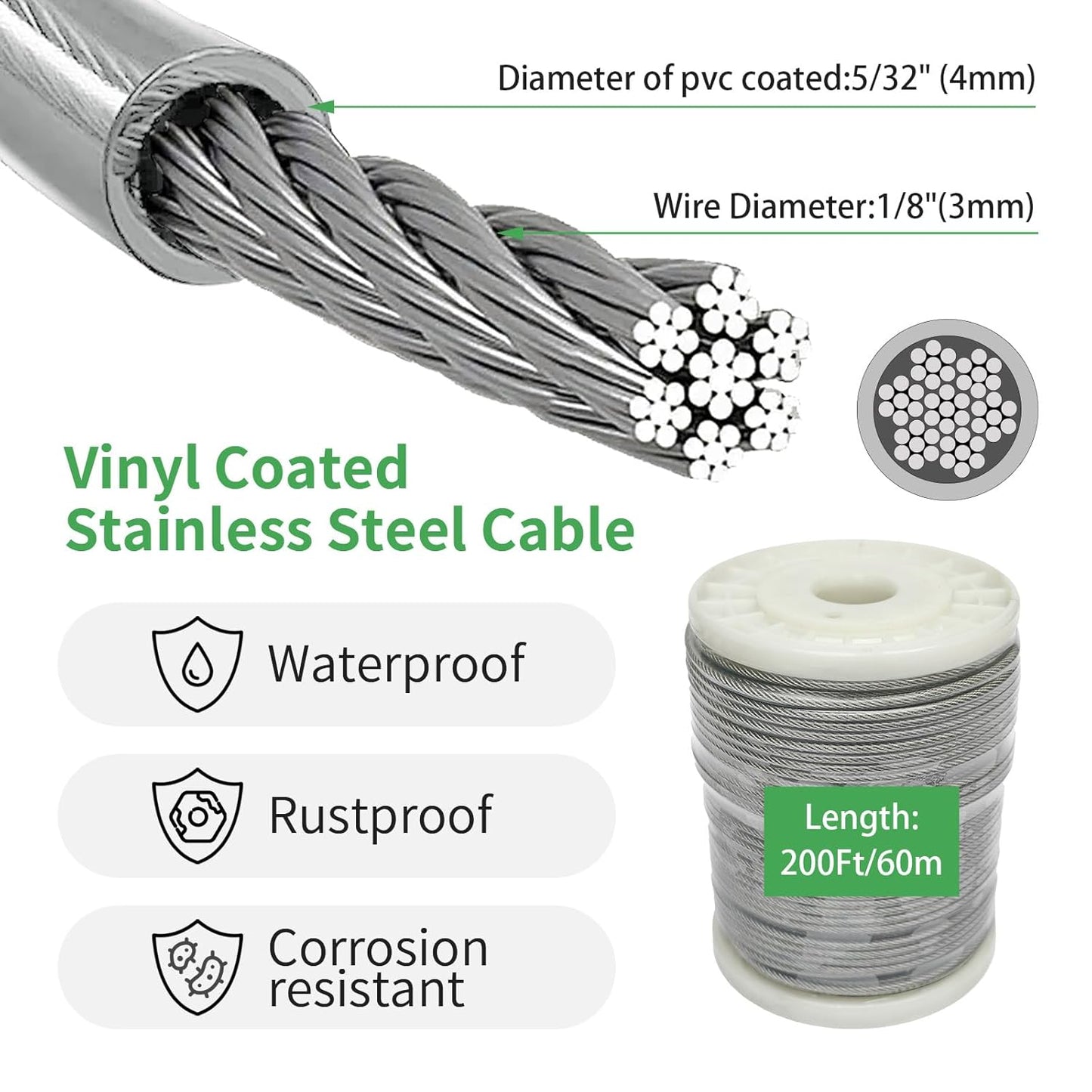 5/32" Wire Cable Rope Kit ，Vinyl Coated 304 Stainless Steel Wire – 200FT 7x7 Strand Cable with Turnbuckles，Shade Sail & Hanging Lights Hardware Kit for Outdoor, Garden,Patio, Crafts,