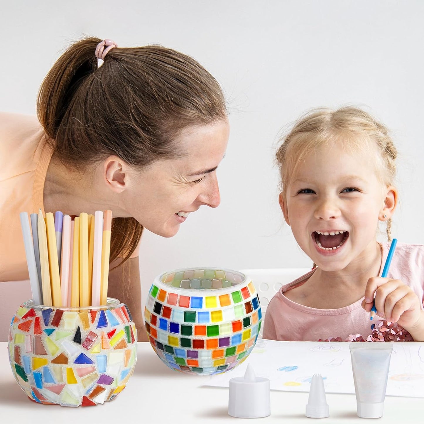 2 Set Glass Mosaic Candle Holder Kit Include Tea Light Holder, Glass Mosaic Tiles DIY Crafts Creativity Handmade Artwork for Adults Home Lighting Decor(Rainbow Theme)