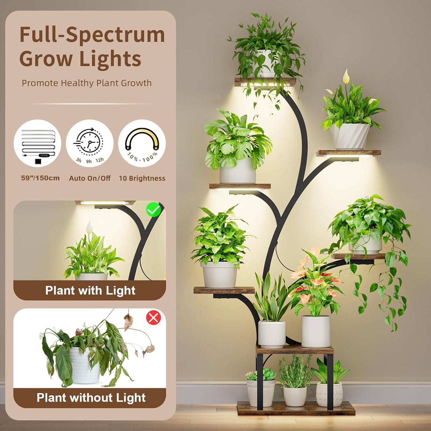 Plant Stand Indoor with Grow Lights, 7 Tiered Indoor Plant Shelf, 49" Corner Plant Stands for Indoor Plants, Metal Plant Flower Display Shelves, Tree-Shaped Plant Rack for Home, Patio, Black
