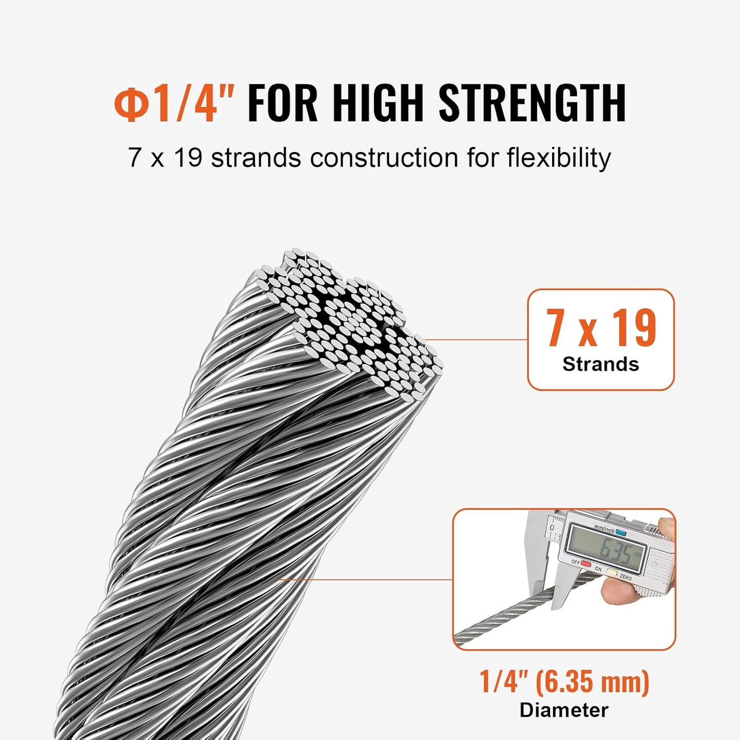 VEVOR Wire Rope, 1/4" 250 ft Zinc Galvanized Carbon Steel Cable with Gloves, 7000 lbs Breaking Strength, 7 x 19 Strands Construction Marine Aircraft Grade for Handrail Stair Decking Fence Outdoors