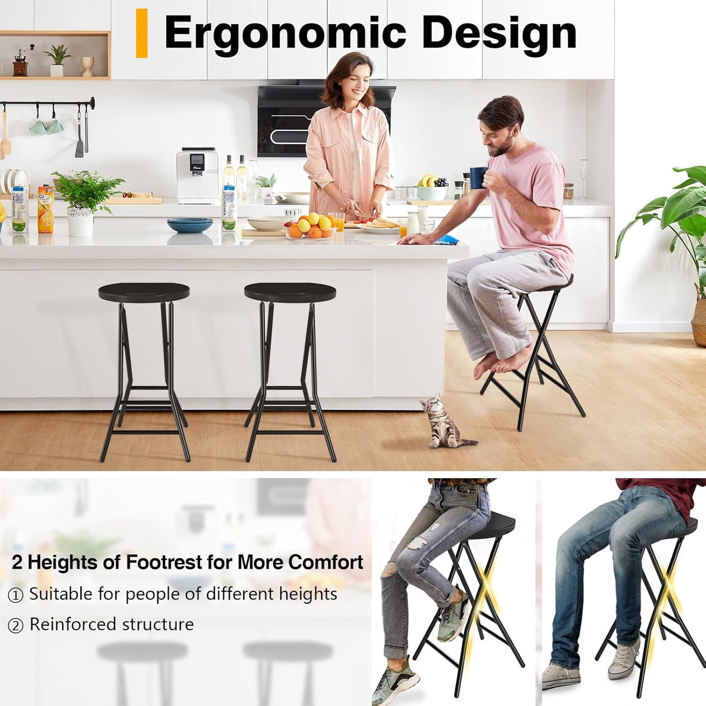 TAVR Furniture Portable Folding Chair with Handle, Heavy Duty Round Fold Stool Chair with 550lbs Capacity for Adults, 24 Inch Foldable Stool for Dorm, Kitchen, Vanity, Church and Outdoor use