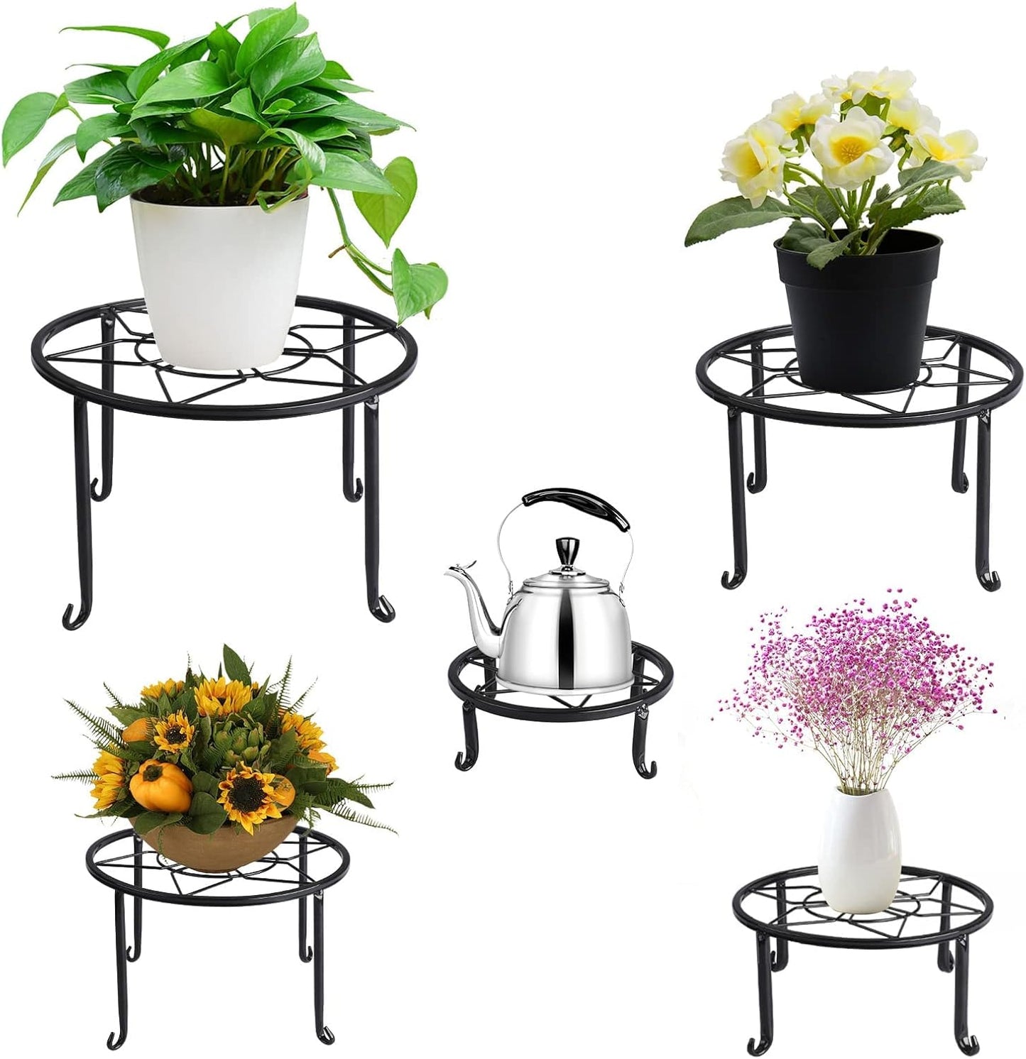 5 Pack Metal Plant Stands for Multiple Plant,Heavy Duty Flower Pot Stands for Outdoor Indoor Plants,Rustproof Iron Round Pot Shelf for Planter