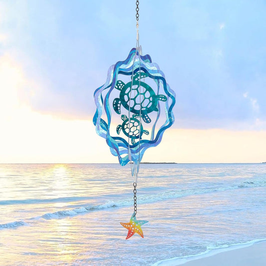 Sea Turtle Hanging Wind Spinners - 12 Inch 3D Kinetic Outdoor Large Metal Wind Spinner Blue Wave and Turtle Pattern with Starfish Pendant for Yard and Garden Decoration Laser Cut Sculpture Art