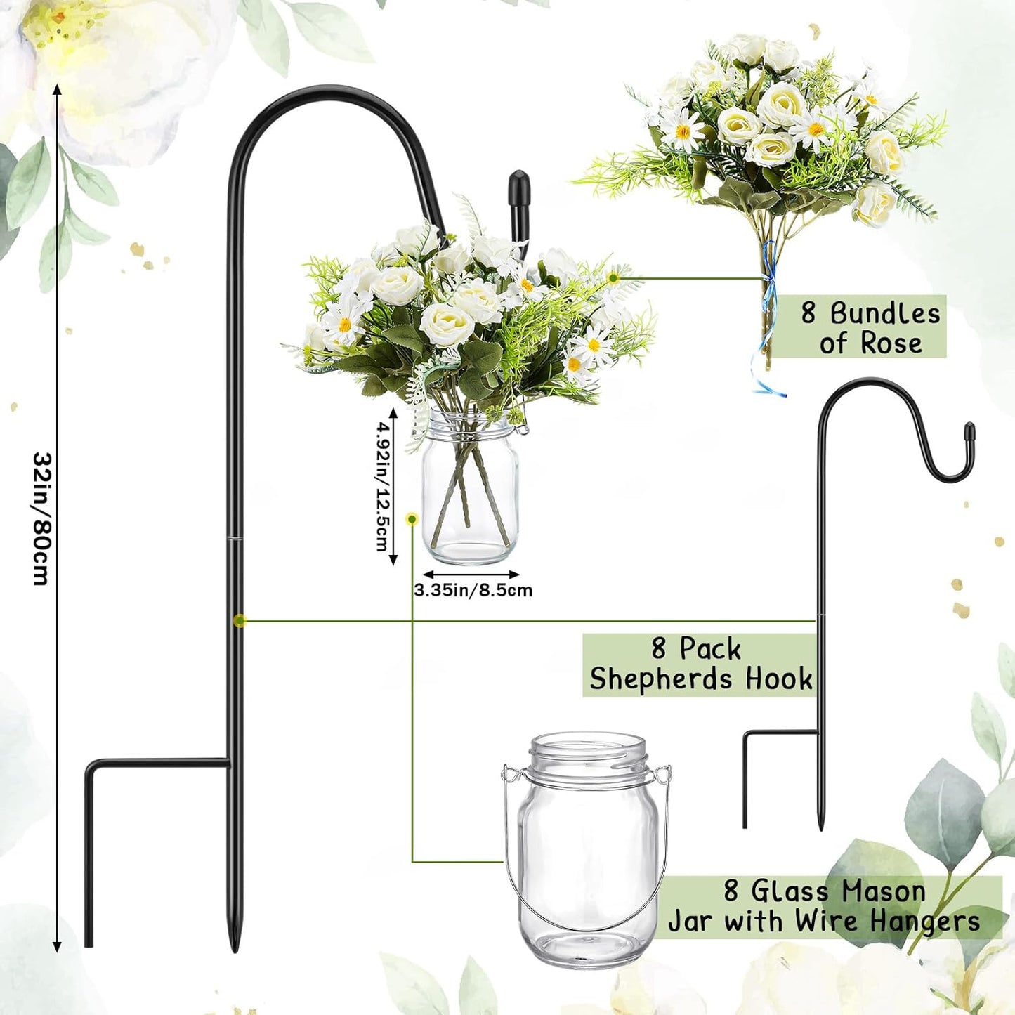 8 Sets Wedding Aisle Decoration Include 16 oz Rose Daisy Hanging Mason Jar 32" Shepherds Hooks Rustic Mason Jar with Faux Rose and Daisy for Outdoor Wedding Isle Ceremony Decorations