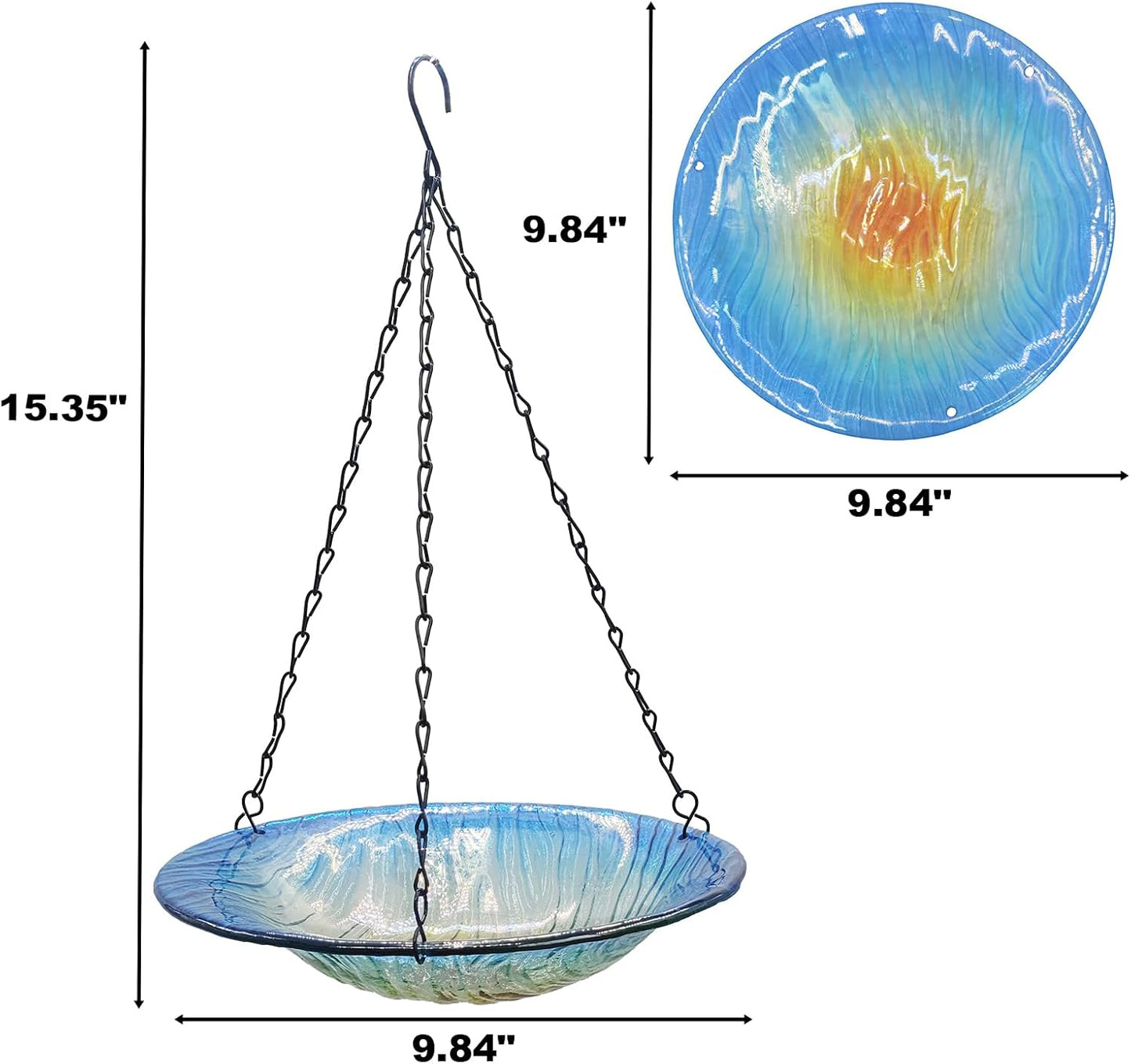 Hanging birdbath, Outdoor Glass birdbath, Bird Feeder with Blue-Orange Texture Pattern for Garden Patio Decoration