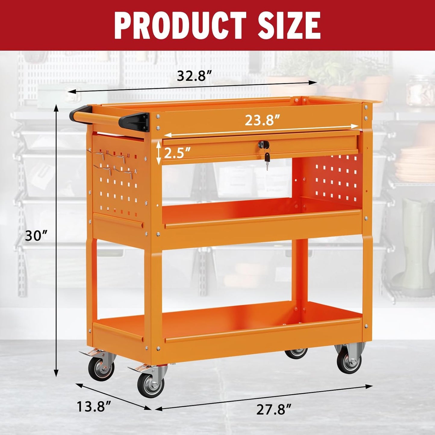 3 Tier Rolling Cart, Heavy Duty Utility Industrial Service Carts on Wheels, Metal Tool Cart with Locked Drawers, Ideal for Garage, Warehouse and Repair Shop（Orange）