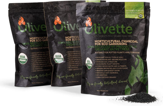 Olivette Horticultural Biochar Activated Charcoal for Plants, USDA Organic Moisture Control for Terrarium Trees & Potted Plants, Eco-Conscious, 3 Bags