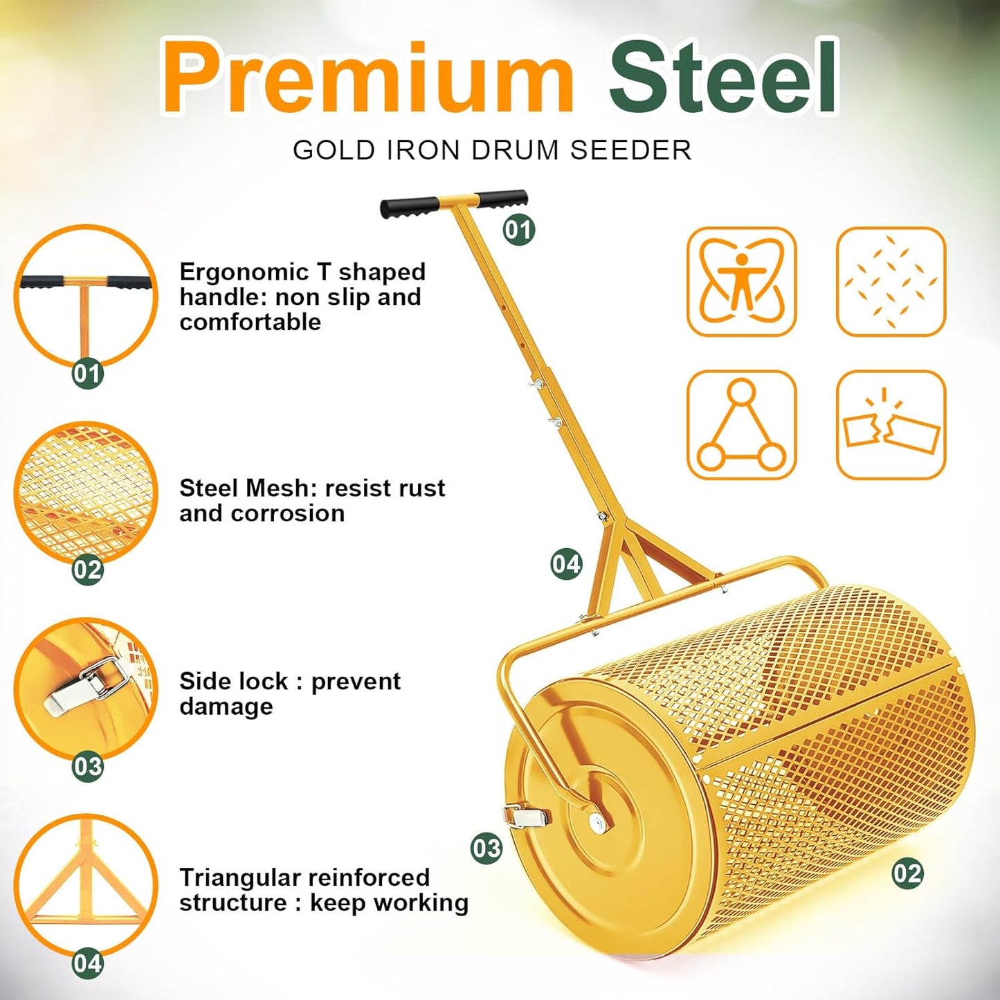 Hiboom 24 Inch Compost Spreader, Peat Moss Spreader, Manure Roller with Adjustable T Shaped Handle, Lightweight Metal Mesh for Lawn Garden Spreading Manure Topsoil (Gold)