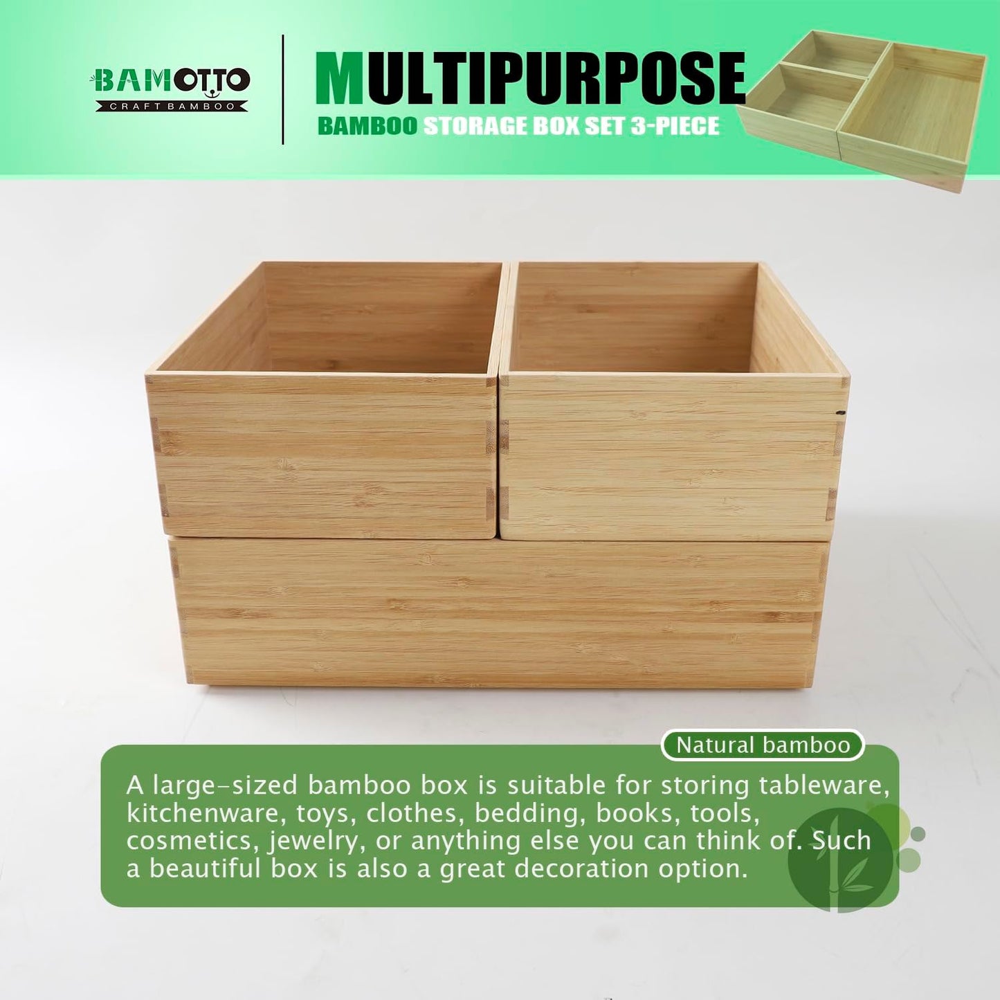 3-Piece Large Bamboo Storage Box Set, 3.1 in High Stackable Deep-Drawer Organizer for Kitchen Cutlery, Cookware, Utensils & Knives, Exquisite Durable Lidless Wooden Bin (14.6"x10.2"*1+10.2"x7.3"*2)