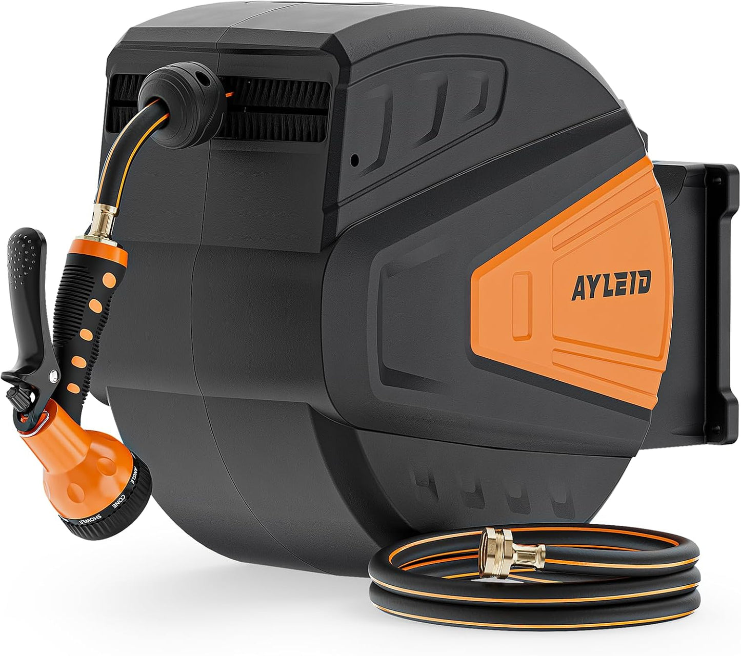 Ayleid Retractable Garden Hose Reel,1/2 in x 130 ft Wall Mounted Hose Reel, with 9- Function Sprayer Nozzle, Any Length Lock/Slow Return System/Wall Mounted/180°Swivel Bracket (Black)