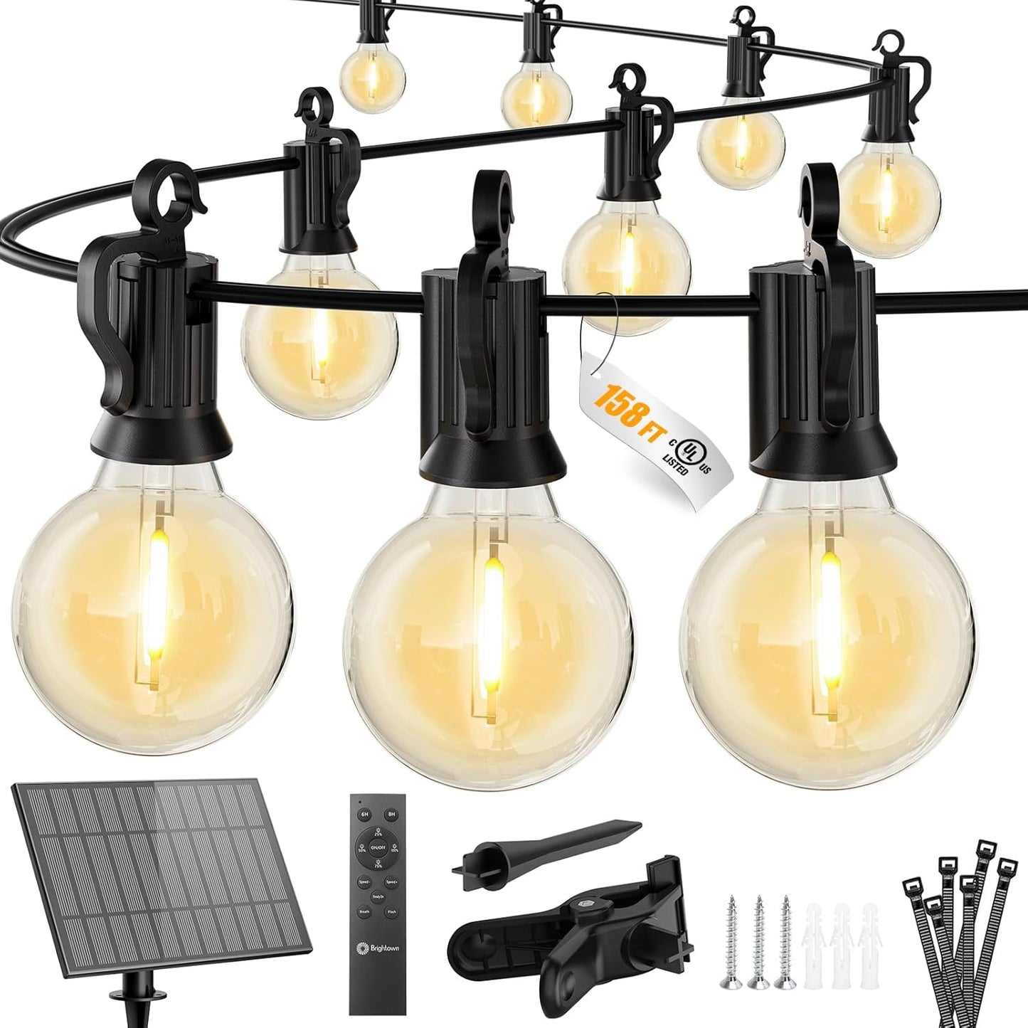 Brightown 158FT Solar String Lights Outdoor with Remote and 77 LED Shatterproof Bulbs, Dimmable & Timable, 3 Light Modes, Solar Patio String Lights Outdoor for Cafe, Garden, Deck, Outside Wedding